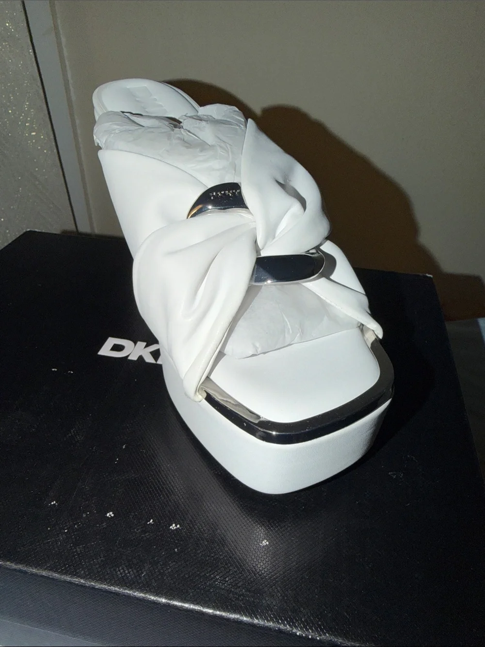 DKNY White Knotted Platform Wedge Sandal with Silver Accent